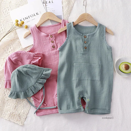 2Pcs/Set Baby Summer Clothing Solid Newborn Infant Romper With Hat Muslin Cotton Sleeveless Baby Boys Girls Jumpsuit Outfits