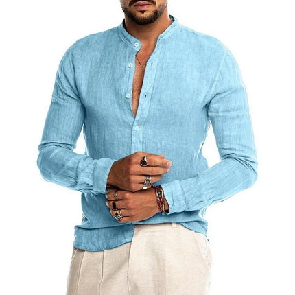 Men's casual long sleeve stand collar solid color shirt