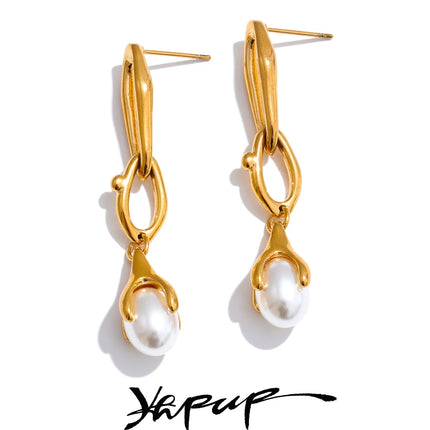 Yhpup Popular Stainless Steel Simulated Pearls Drop Long Hanging Earrings Water Resistant Elegant Chic Charm Daily Jewelry