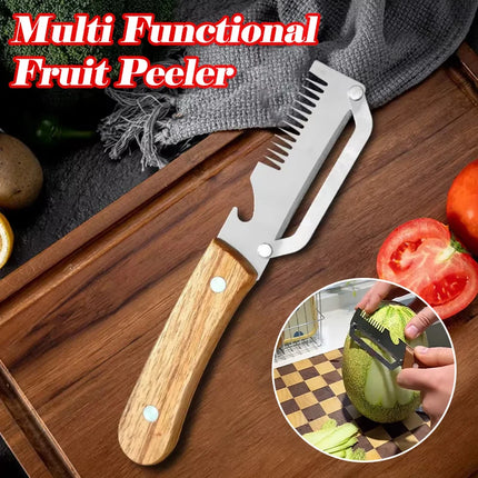 3-in-1 Serrated Peeling Knife  Premium Vegetable Peeler With Wooden Handle And Bottle Opener Kitchen Tool Smooth Operation