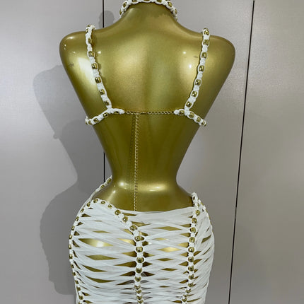 2026 Women Sexy White Halter Neck Perspective Hollow Mini Dresses Summer Backless Nightclub Party Evening Club Performance Dress