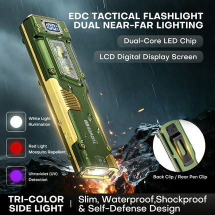 EDC Tactical Flashlight - 2000LM Dual LED, USB-C Rechargeable, COB Side Light with White/Red/UV, LCD Display, Magnetic Clip