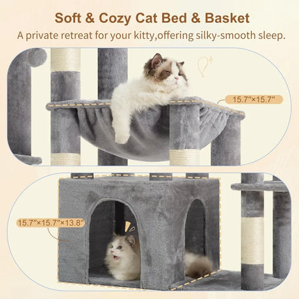 Heavy Duty Cat Tree for Indoor Large Adult Cats, Multi-Level Plush Condo with Scratching Posts, Hammock & Toy Balls