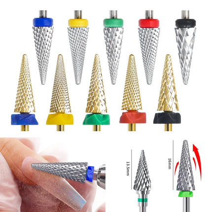 16mm Extra Long Triangle Cone Nail Drill Bits Gold Carbide Milling Cutter Gel Remover Grinding Manicure Tools Accessories 3/32"