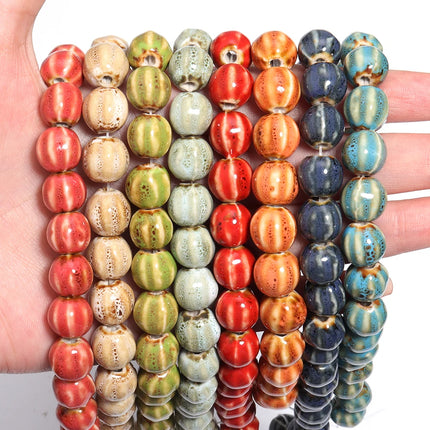 1 Strand  Pumpkin Shape Stripe Ceramics Beads Colorful Floral Glaze Beads for Jewelry Making DIY Loose Spacer Beads Accessories