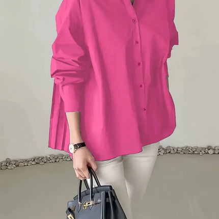 Plus Size 2025 Spring and Summer New Women's POLO Collar Pleated Casual Single Row Button Shirt Blouse Solid Color
