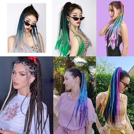 Braided Ponytail Extension Synthetic Colorful Hair Extension For Women 24inch Rainbow Hair Braids Extensions