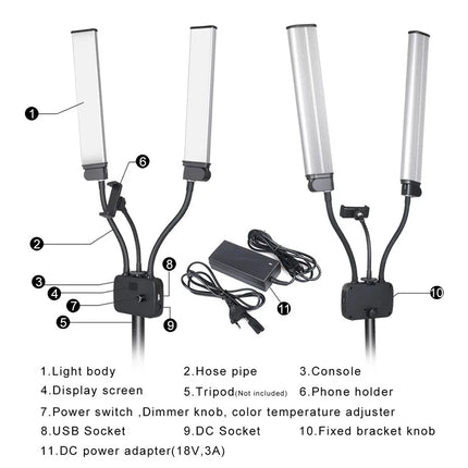 45W LED Video Light Double Arms Fill LED Light Selfie Light Long Strips LED Light for Photo Studio Live Broadcast Tiktok Stream