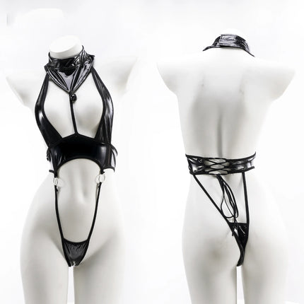 Anime Cosplay Lingerie Halter Three Point Swimsuit Hollow Out Backless Faux Leather Catsuit Women Sexy Bodysuit Bandage Set