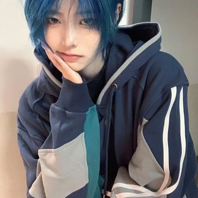 Contrast Color Stripe Hooded Hoodies Women Y2k Aesthetic Vintage Grunge Tops Loose Casual Zip Up Sweatshirt Harajuku Streetwear