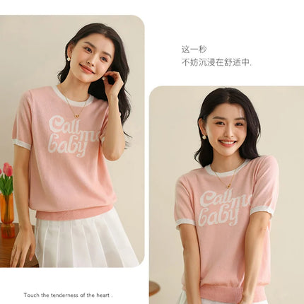 New women's short-sleeved 100% cotton knitted O-neck women's T-shirt Korean version fashionable hot selling top