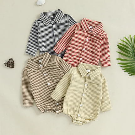 Pudcoco Baby Boys Plaid Romper Button-down Long Sleeve Lapel Neck Adorable Fall Jumpsuits