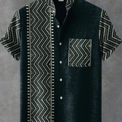 The new men's summer linen short-sleeved shirt features a pattern label. The clothing with artistic patterns, casual shirts.