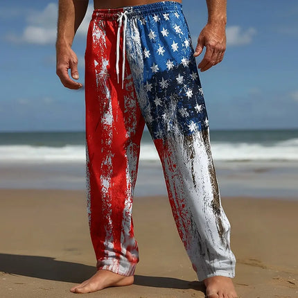 Men's Beach Pants Us flag Flower 3D Print Drawstring Casual Summer Vacation Loose Breathable Hawaiian Trousers Men Clothing