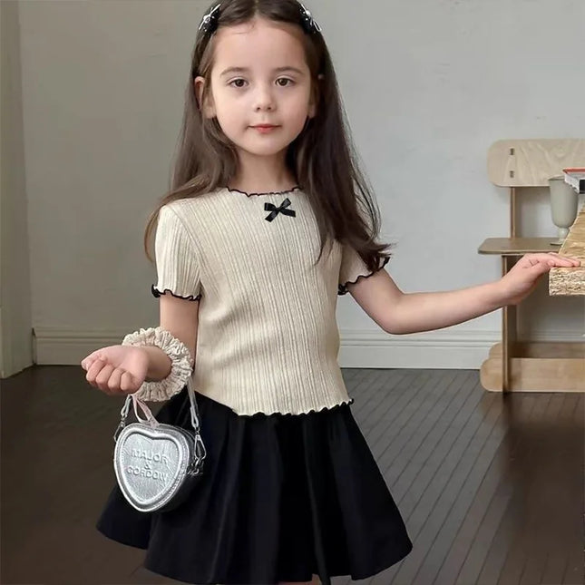 1-12Y Girl's Shirts Korean-style Knitted Lace-Trimmed Short-Sleeve Summer Ruched Tops Trendy Breathable Bow Tie Versatile Tee
