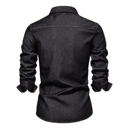 New Style Men's Casual Solid Color 100% Cotton Long-Sleeve Washed Denim Shirt for Spring and Autumn, European Size