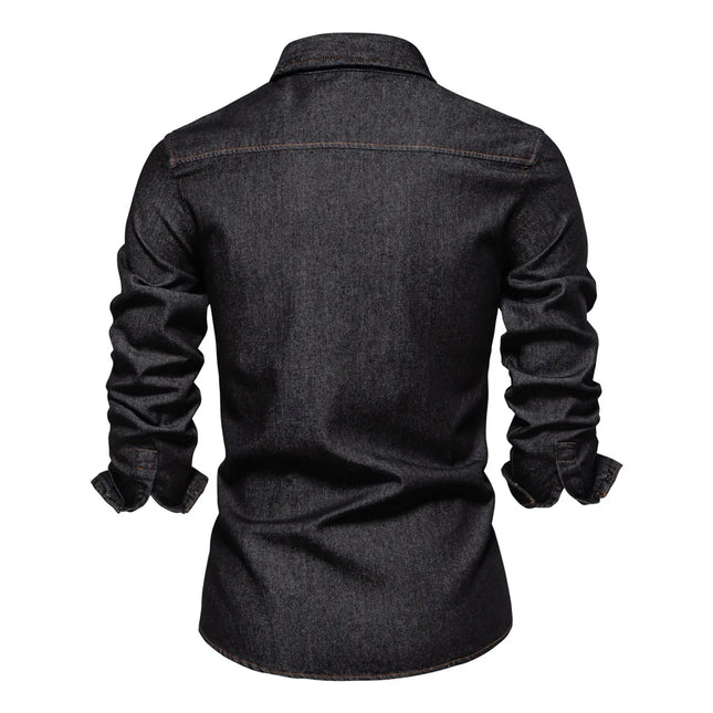 New Style Men's Casual Solid Color 100% Cotton Long-Sleeve Washed Denim Shirt for Spring and Autumn, European Size