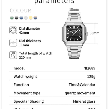 NIBOSI Luxury Square Fashion Men's Wristwatch Waterproof Luminous Date Week Quartz Men's Watches Stainless Steel Men's Watch Reloj