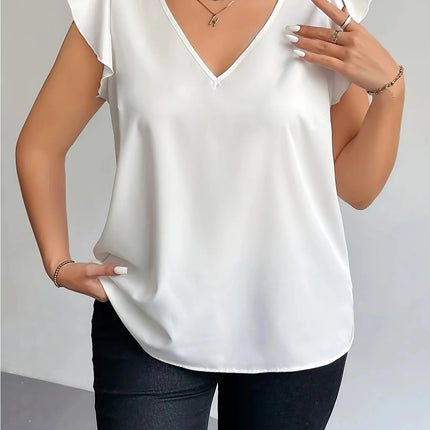 Plus Size Women's White Satin Blouse V-Neck Ruffle Sleeve Loose Casual Office Top (0XL-4XL)
