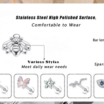 Drperfect 16G Cartilage Earrings Stud for Women Stainless Steel Flat Back Butterfly Moon Flower Helix Tragus Piercing Jewelry
