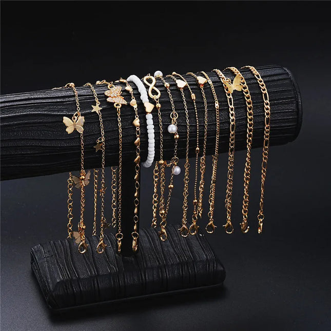 14 Pcs/Set Fashion Metal Butterfly Heart Pendant Anklets Set Bohemia Vintage Pearl Foot Bracelet Beach Woman Jewelry Gifts 2025