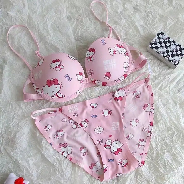 New Sanrio Kawaii Anime Hello Kitty Sweet Cute Cartoon Strapless Underwear Bra Small Breast Girls Bra Set Gift Wholesale