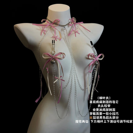 New Pink Tassel Bow Nipple Clips Bell Body Chains Erotic Accessories Detachable One-Piece Necklace Fetish Adult Sex Toys Breast