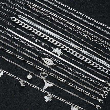 Elegant 17 Pcs Gold Color Anklet Set with Butterfly,Heart,Shell Charms Foot Jewelry for Women Gift Perfect for Summer Vacations