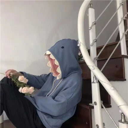 Aesthetic Long Sleeve Fleece Shark Hoodies Drawstring Top Coat Hooded Sweatshirts Casual Loose Shark Hat Sweater School Student