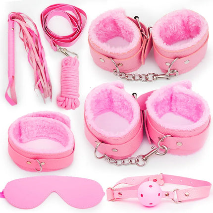 Beginner Friendly BDSM Bondage Set – 7 Pcs Cotton Rope Restraint Kit with Handcuffs Collar Gag Whip, Couples Adult Play Toy