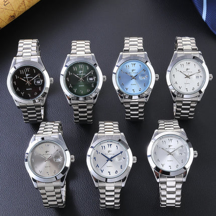 A quartz wristwatch with a stainless steel strap and personalized dial, equipped with a date display function. The simple and atmo