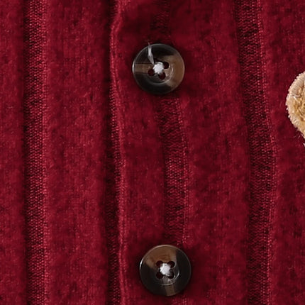 【Baby Boy】Autumn & Winter Red Onesie with Front Single-Breasted Buttons and Cute Bear Badge on Chest + Red Hat SetFeaturing a wa
