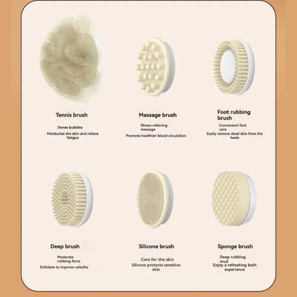 【BRAND NEW】For Full Body Cleansing Electric Bath Brush With 6 Attachments-3-Speed Adjustable Back Scrubber For Skin Care Exfolia