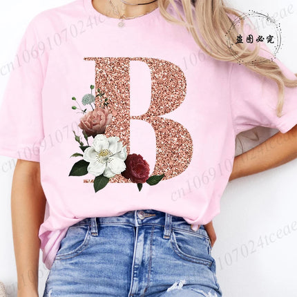 T Shirt for Women Clothing Summer Short Sleeve Tee shirts Rose Gold Letter A~Z Printed Graphic Tops Female T-Shirts Clothing