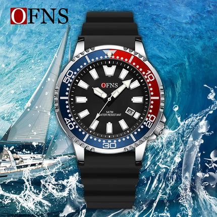 OFNS High Quality Fashion Men's Quartz Watch Calendar Luminous Display 50M Waterproof Luxury Watches Rubber Strap Men's Watch