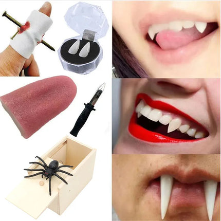 Halloween Dentures Fake Through Tongue Prank Maker Trick Dagger Knife Retractable Fake Nail Through Finger Magic Props Halloween