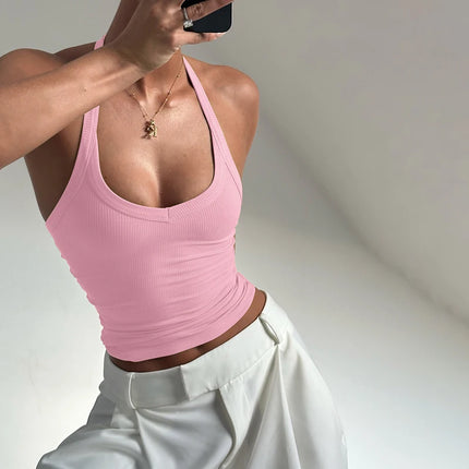 Hugcitar 2025 Summer Ribbed Halter Backless Solid Sexy Crop Tank Top Casual Y2K Women Clothes Beach Vacation Streetwear Yoga