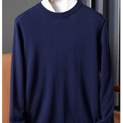 100% Wool Round Neck Solid Color Knitted Sweater Men's Pullover Long Sleeved Loose Sweater Business Casual Simple Cashmeres 2026