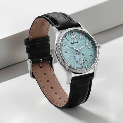BERNY Watches for Men Luxury Slim Classic Stylish Dress Quartz Watch Stainless Steel Case Elegance Leather Band Wristwatch