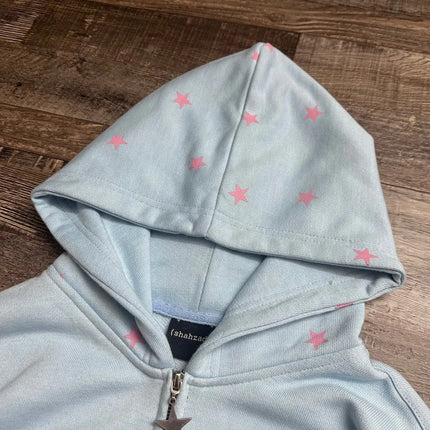 Women Shahzad Clothing Joestar Style Zip Hoodies Men JoJo Light Blue Star Tusk Print Oversized Embroidery Couple Sweatshirt Tops