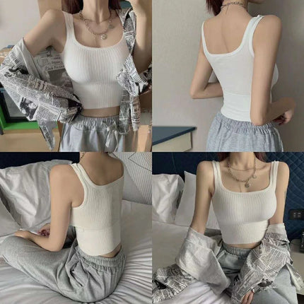 Summer Crop Top Women Seamless Square Collar Wide Straps Tank Top Knitted Striped Camisole Solid Corset Top Female