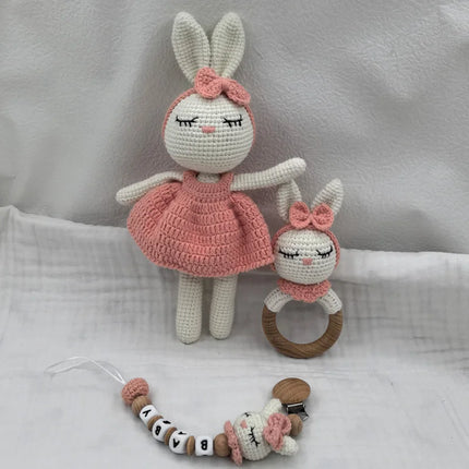 1 Set DIY Crochet Bear Baby Teether Newborn Bunny Rattle Toy Wooden Molar Teething Ring Pacifier Clips Chain Set Baby Stuff
