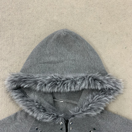 Heather Grey Faux Fur Trim Hooded Cropped Zip Up Sweatshirt Radiant Silver Stud Decor Raglan Slim Jacket