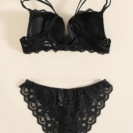 1 Set Elegant Lace Embroidery & Breathable Fabric Lingerie Set: Push-Up Bra, Drop Waist Sheer Panty - Ultimate Valentine's Day