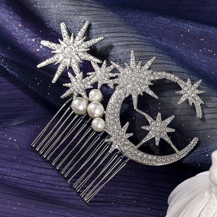 Retro Korean-Style Star and Moon Bridal Hair Comb Classic Pearl Handmade Hair Clip Headpiece For Women Holiday Hair Accessories