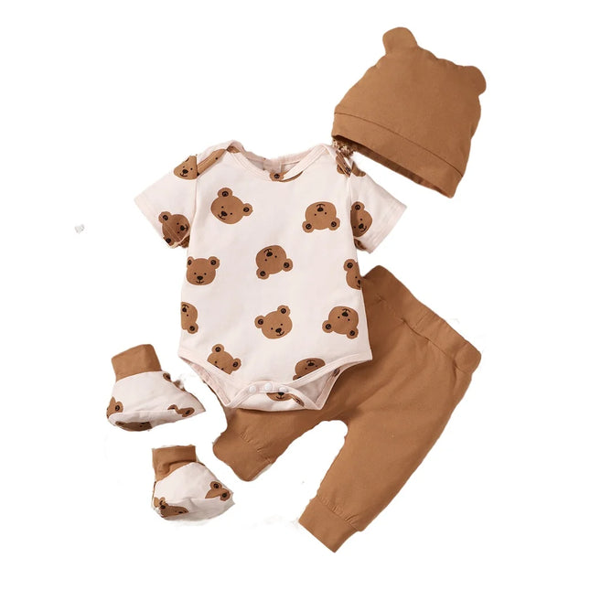 0-9 Months Newborn Baby Boy 4PCS Clothing Set Bear Print Short/Long Sleeve Bodysuit+Pants+Hat+Sock Cute Baby Photograph Outfit