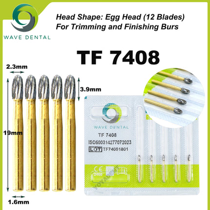 WAVE Dental Burs Tungsten Carbide Burs Gold Plated Trimming and Finishing 12 Bladed TF Series For High Speed Handpiece 5pcs/Pack