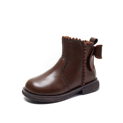 Girls Ankle Boots with Back Bow-knot Kids Short Boots Soft Sole 2025 New Girls' Princess Leather Boots with Warm Cotton Side Zip