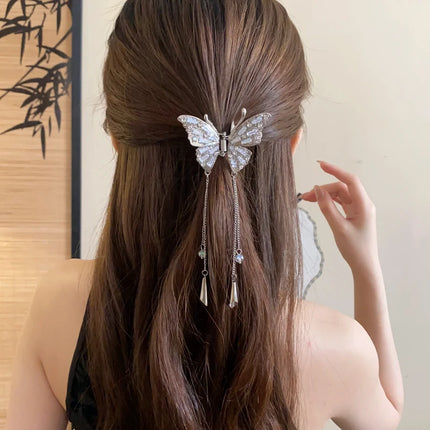 Shiny Rhinestones Butterfly Hair Claw Clips for Women Girl Vintage Long Chain Tassel Claw Clip New Chinese Style Accessories M1
