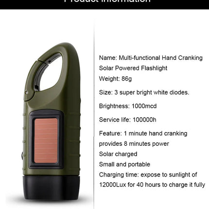 Solar Flashlight Portable Outdoor Hiking Hand Crank Rechargeable Emergency Camping Lights Multi-functional Emergency Light